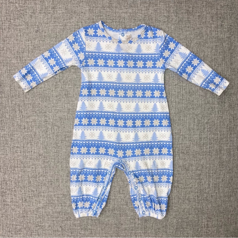 TBBC 6-12m blue and white snowflake romper VGUC